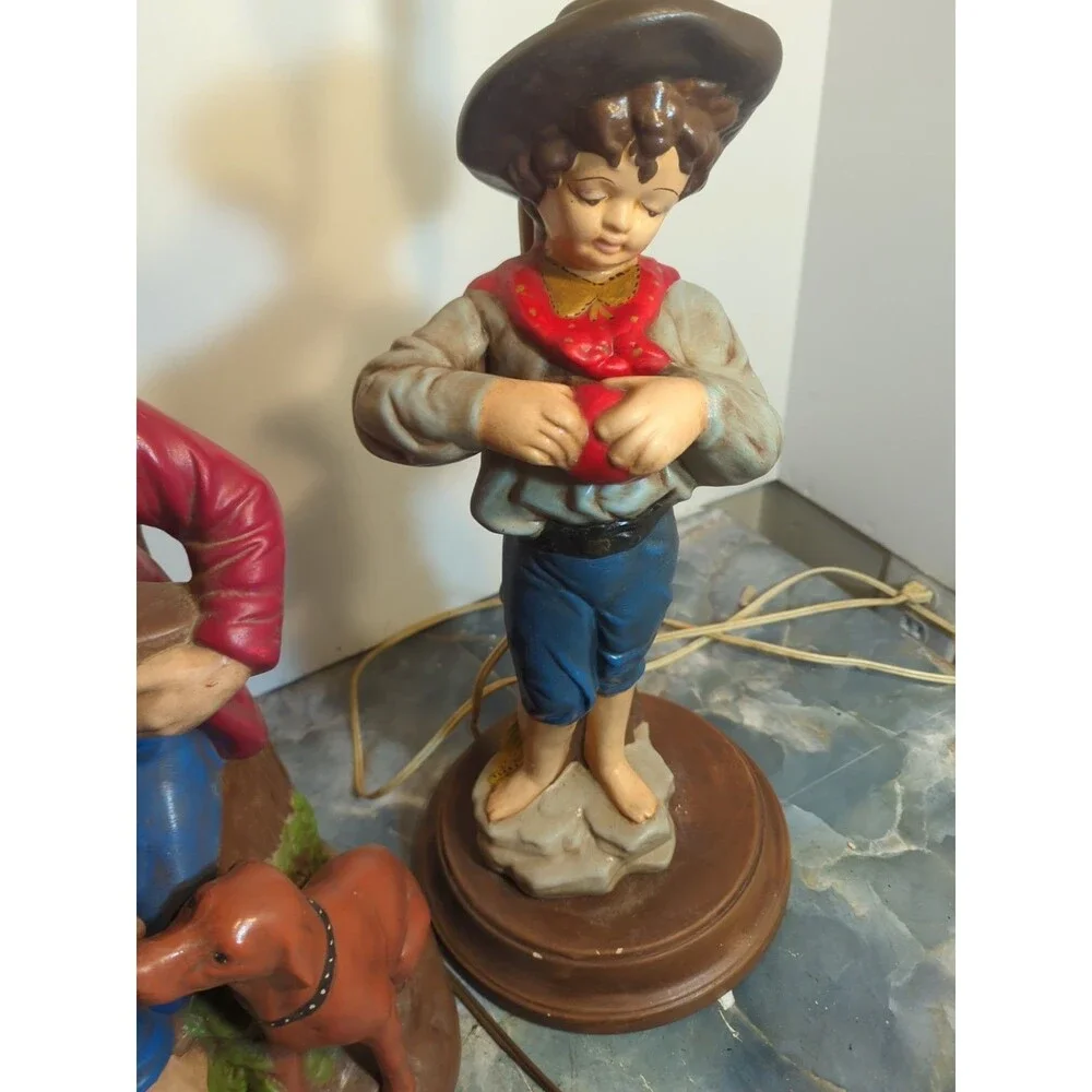 (2) Vintage Large 2' Tall Hand Painted Ceramic Table Lamp Boy With Puppies
